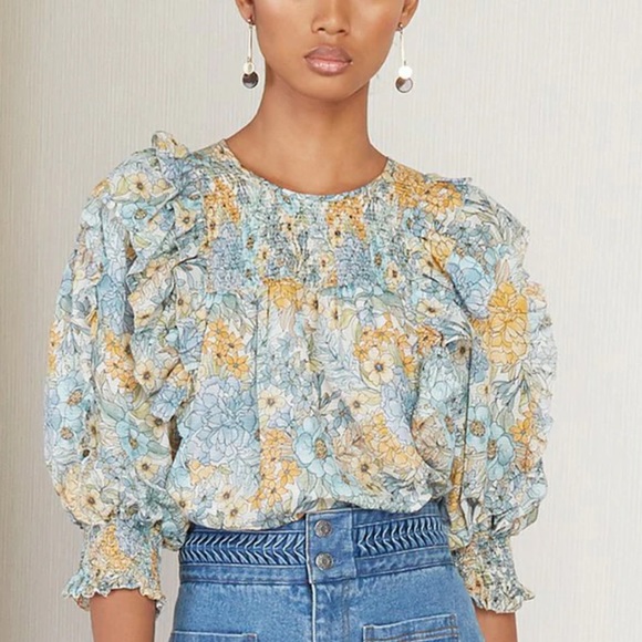 🆕 Magali Pascal Beautiful Floral Puff Sleeve Ruffle Top - Picture 1 of 15